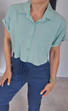 Short Sleeve Button Down Cropped Top (One Size)