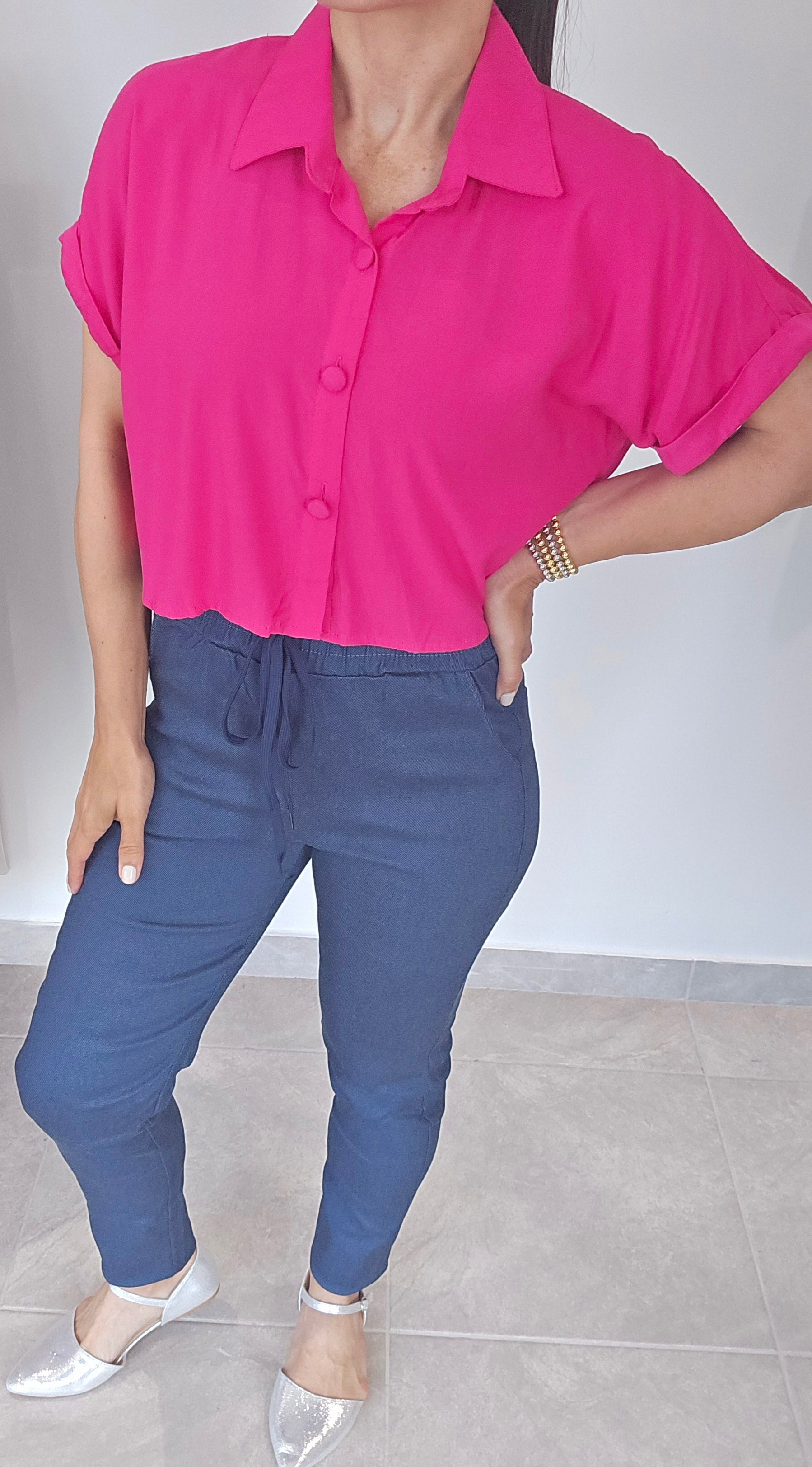 Short Sleeve Button Down Cropped Top (One Size)