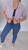 Short Sleeve Button Down Cropped Top (One Size)