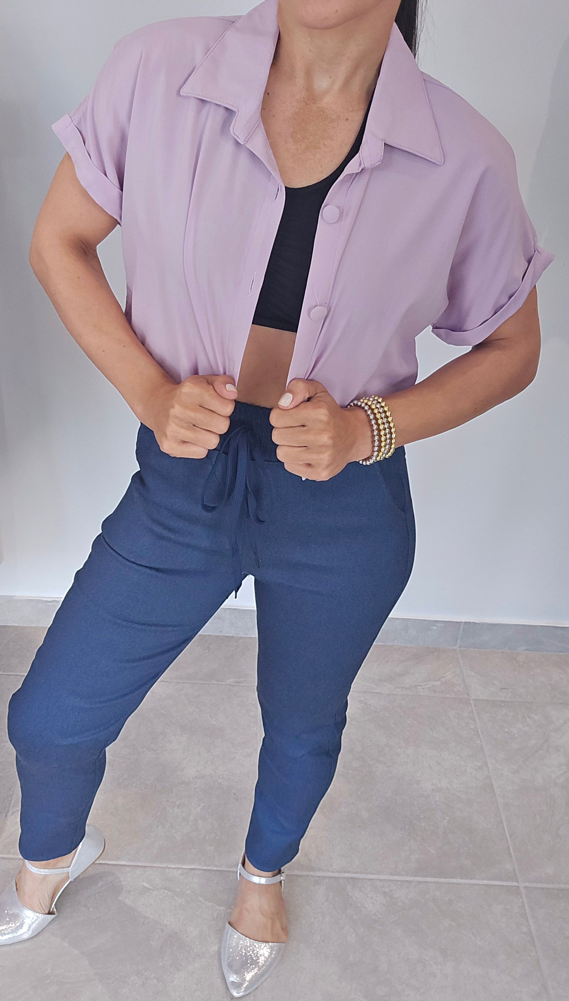 Short Sleeve Button Down Cropped Top (One Size)