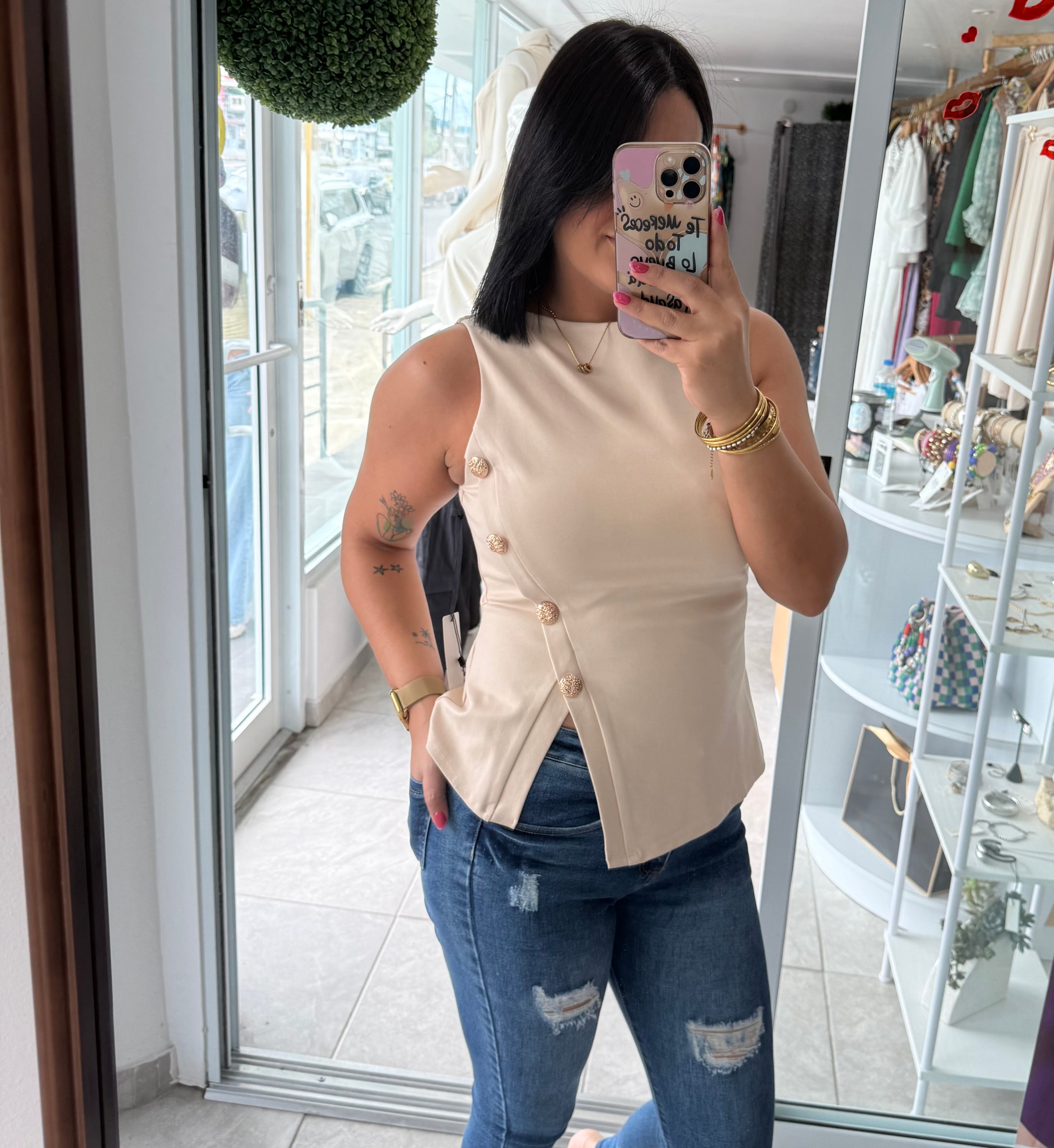 Button Cream Blouse