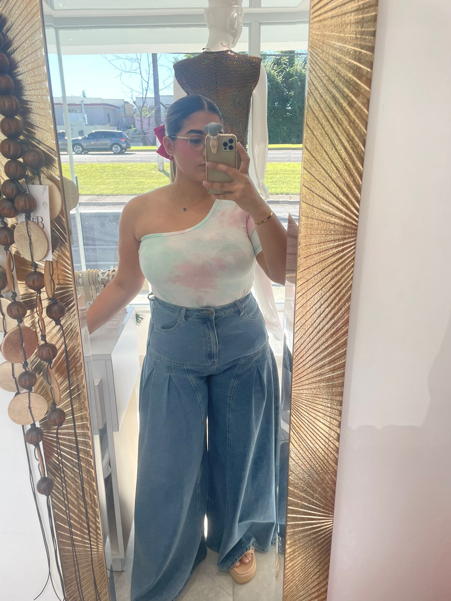 Peach Love half shoulder multi color top