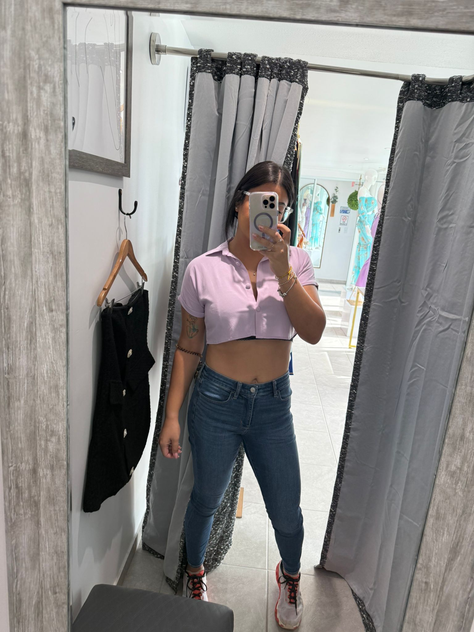 Short Sleeve Button Down Cropped Top (One Size)