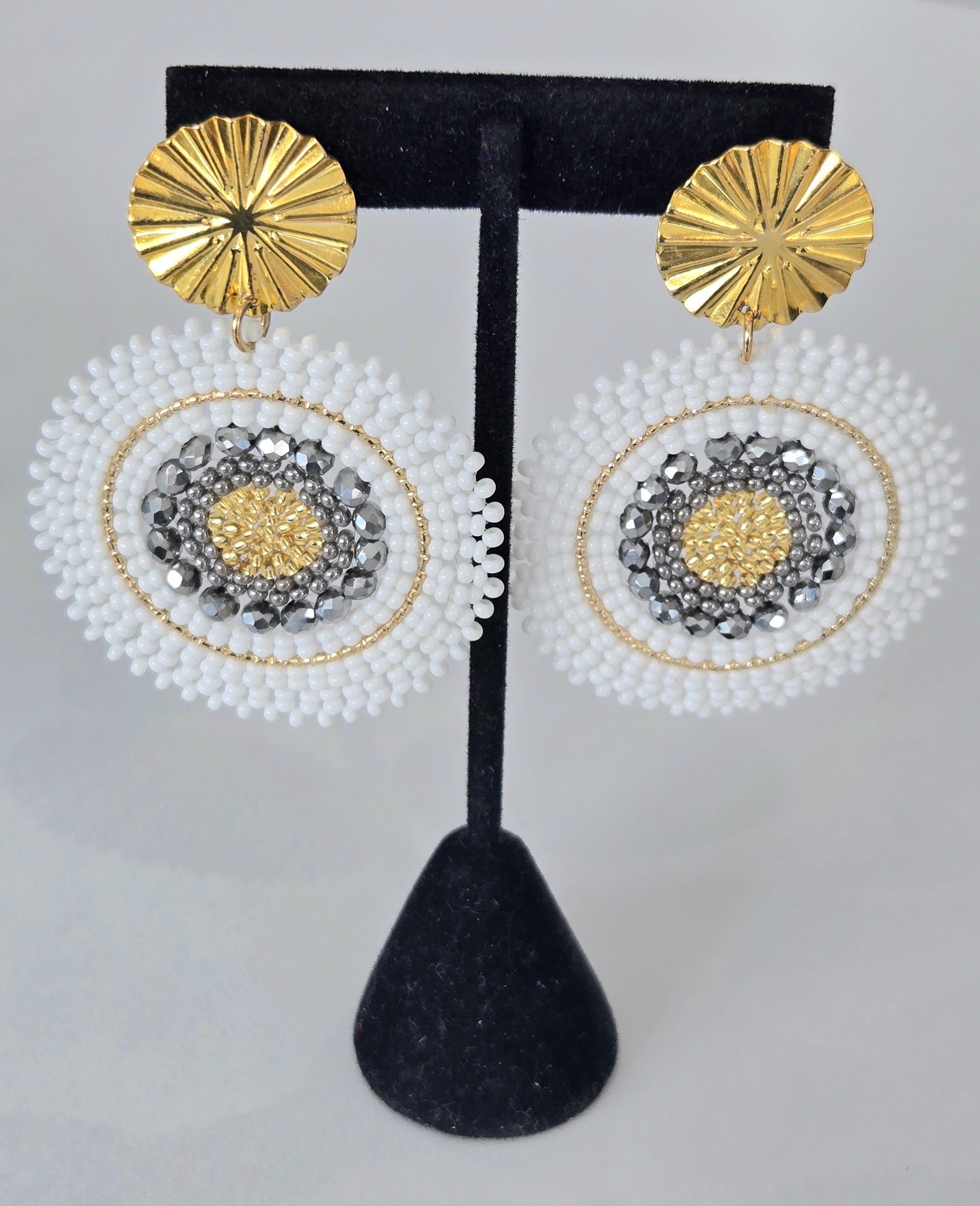 Circles Beads White, Gold & Silver Earrings