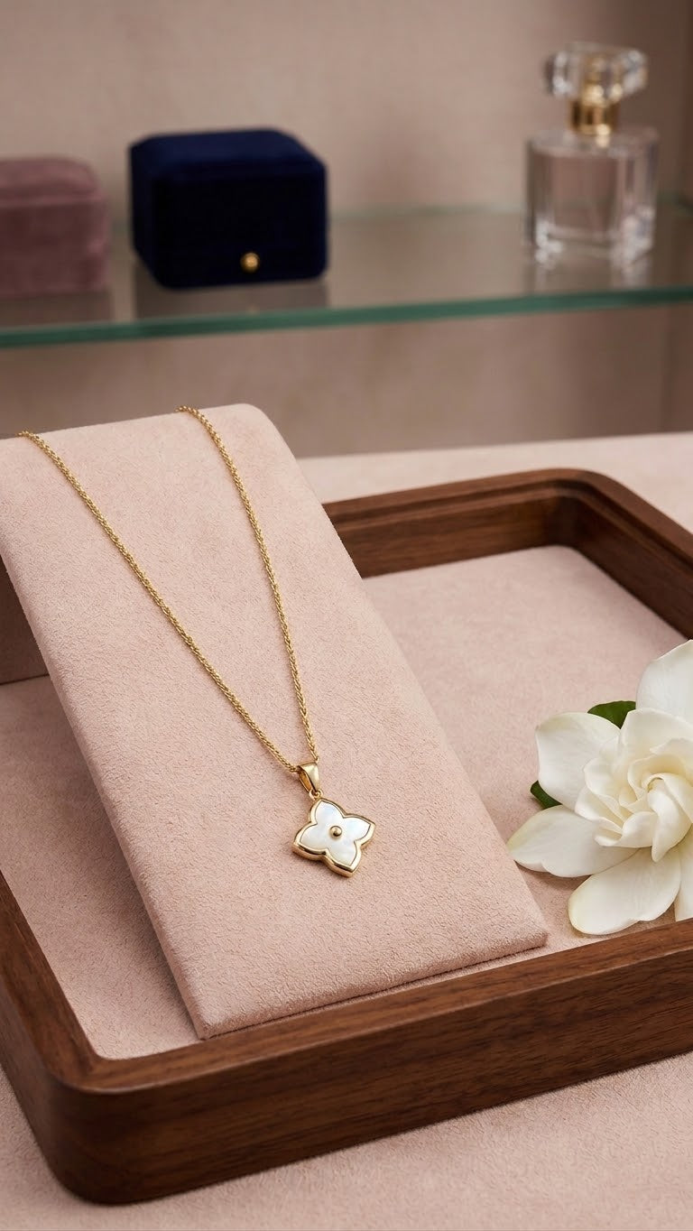White Mother of Pearl Clover Steel Necklace