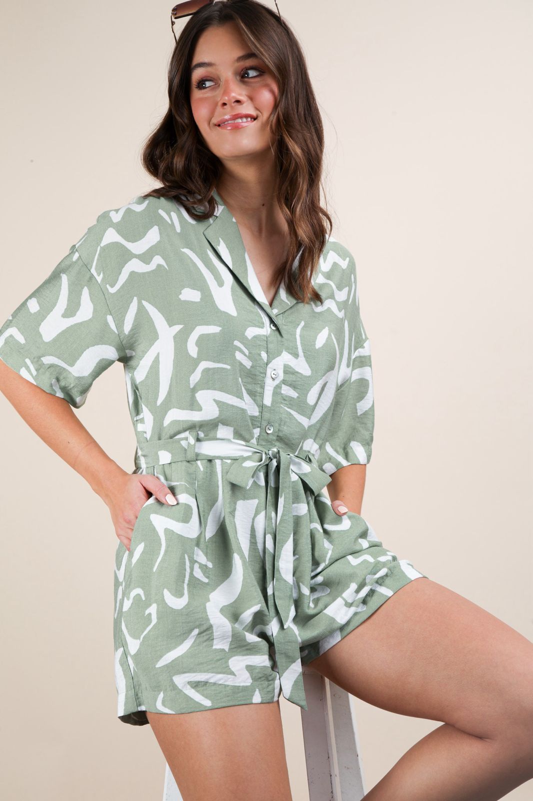 Sage Green Print Romper