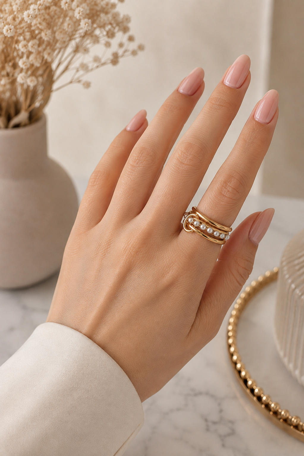 3 Layers Golden Pearls Steel Ring