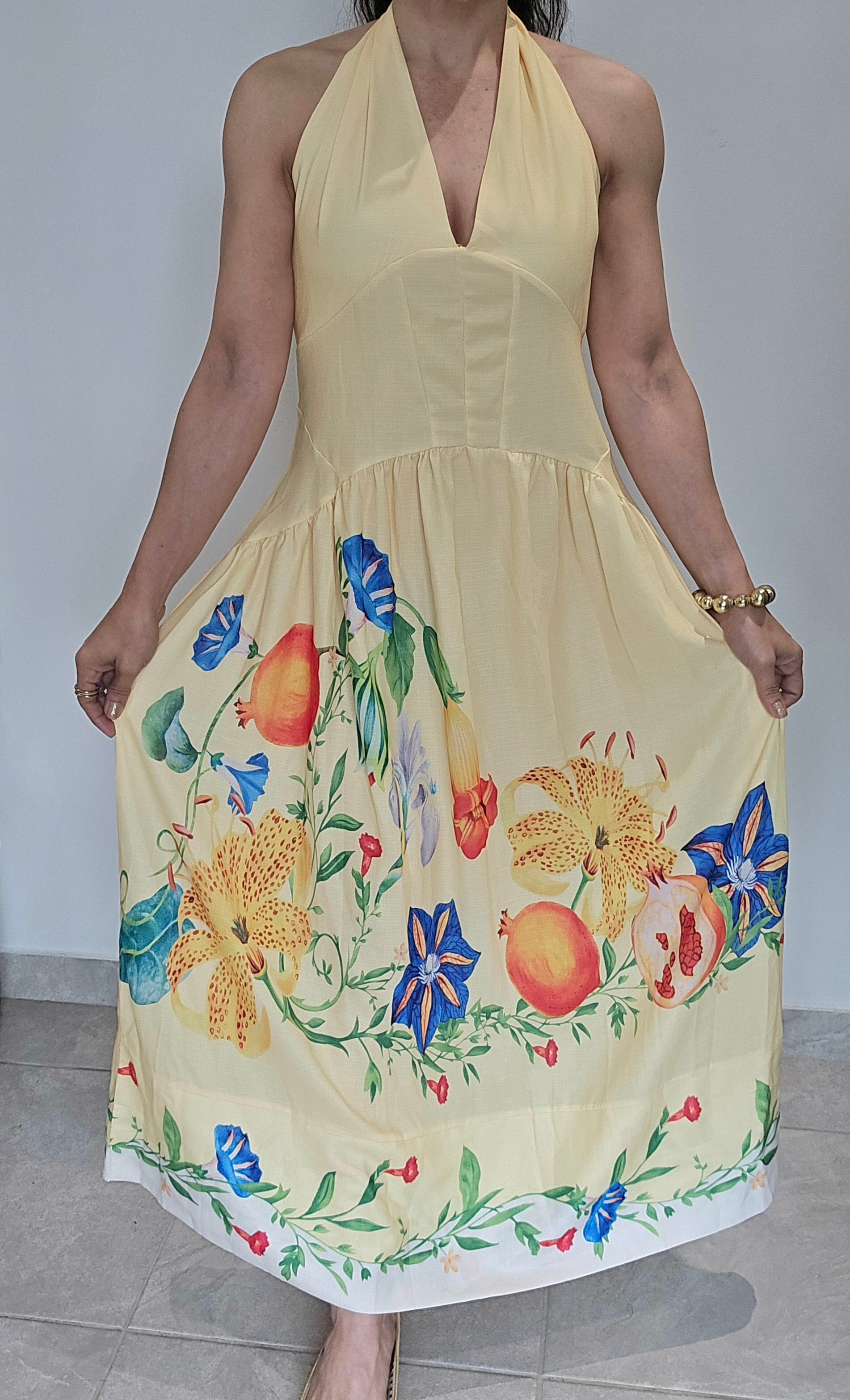 Yellow with Flowers Halter Dress