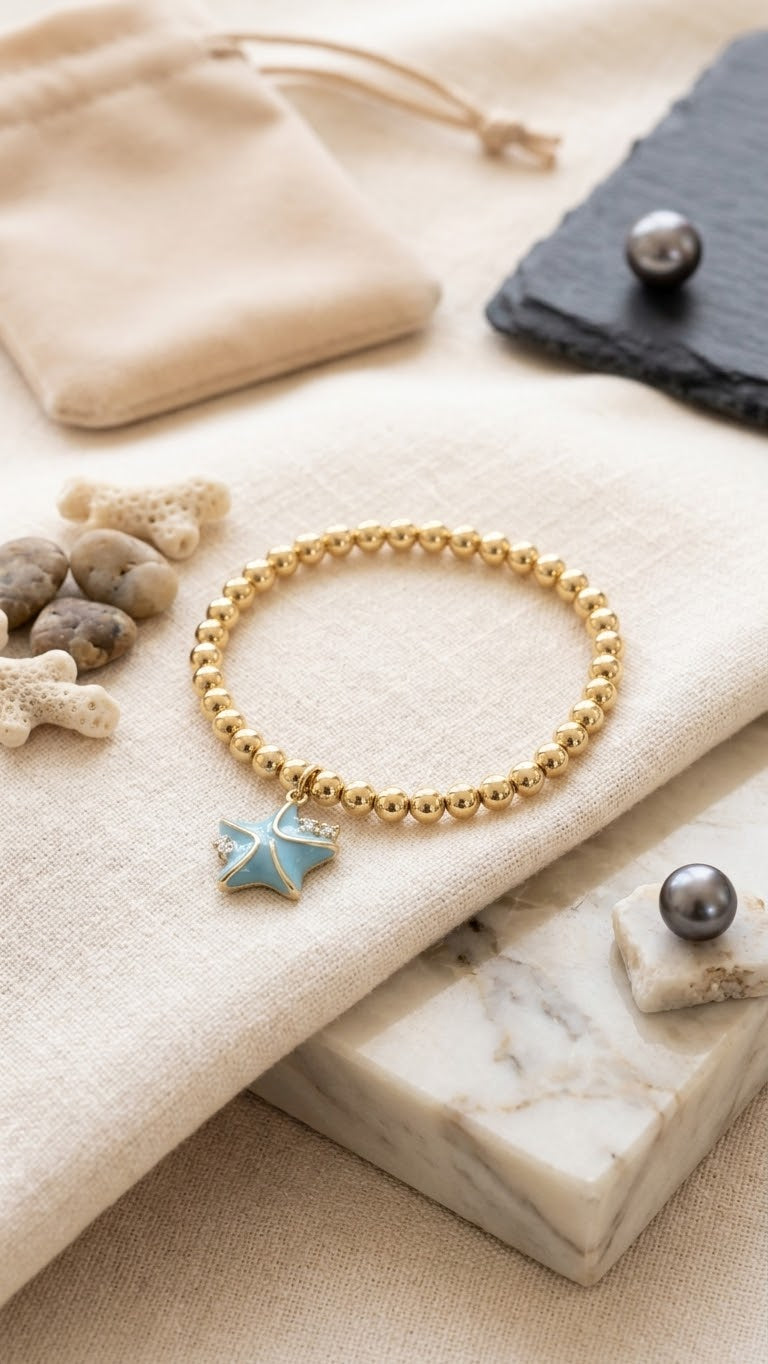 Turquoise Starfish Elastic Golden Bracelet