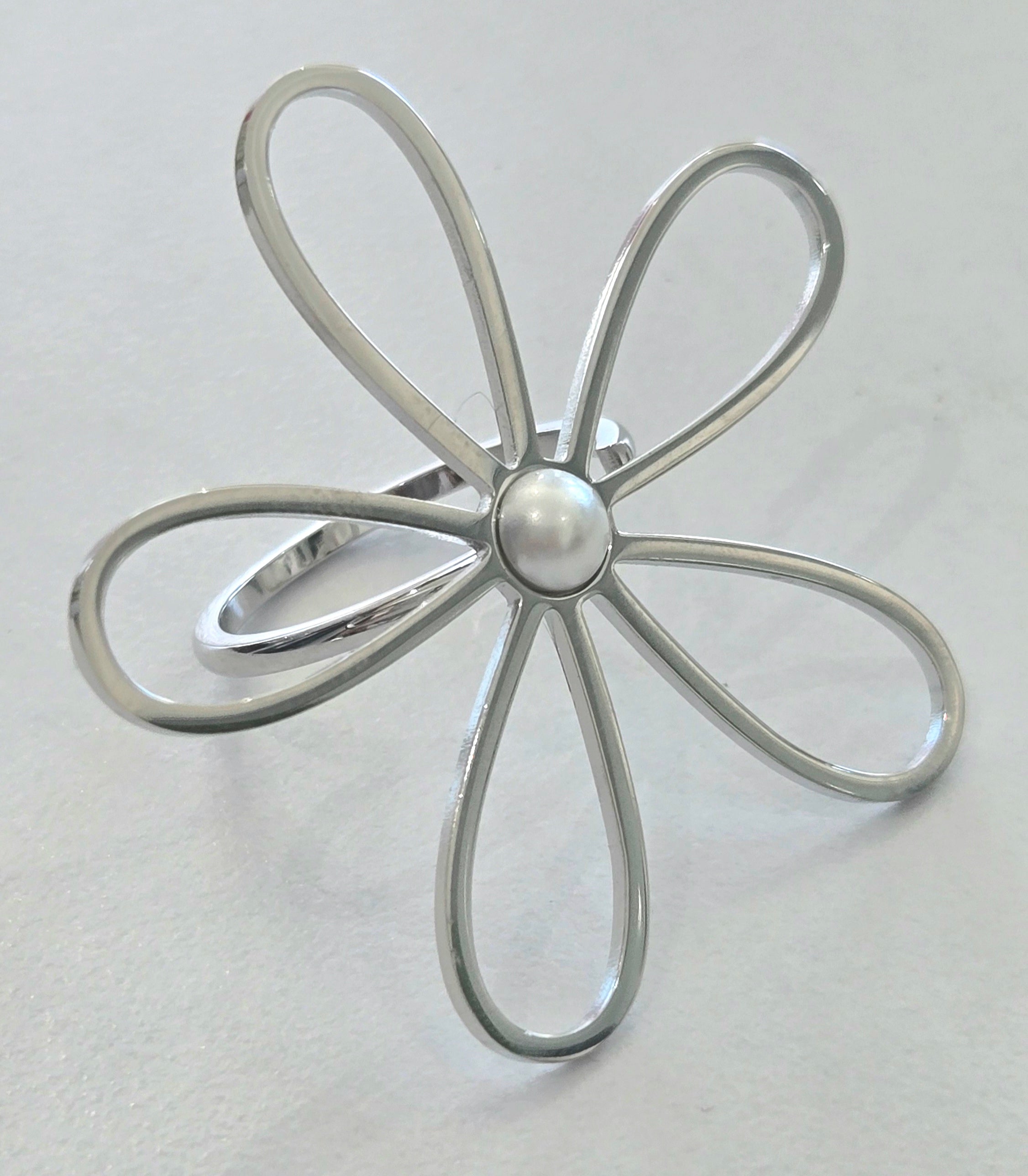 Silver Flower with Pearl  Ring