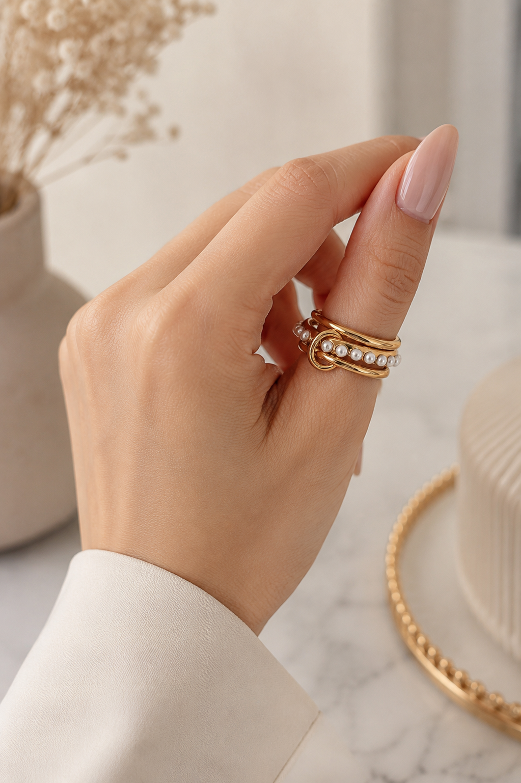 3 Layers Golden Pearls Steel Ring