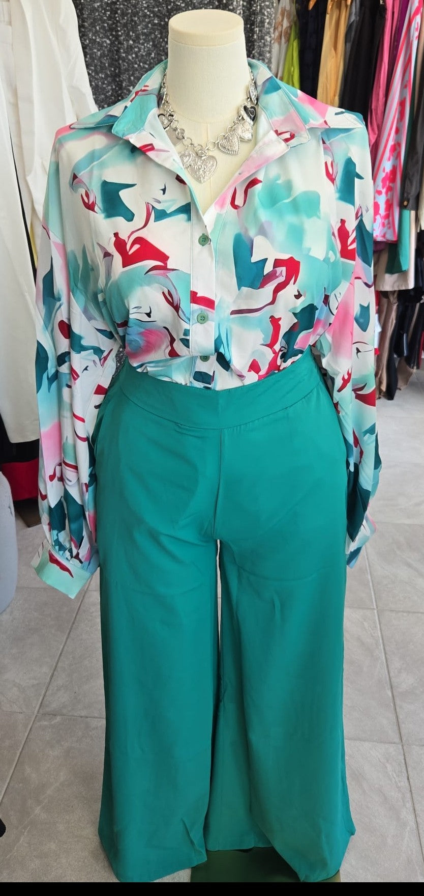 Cezele Print Blouse & Green Pants Set