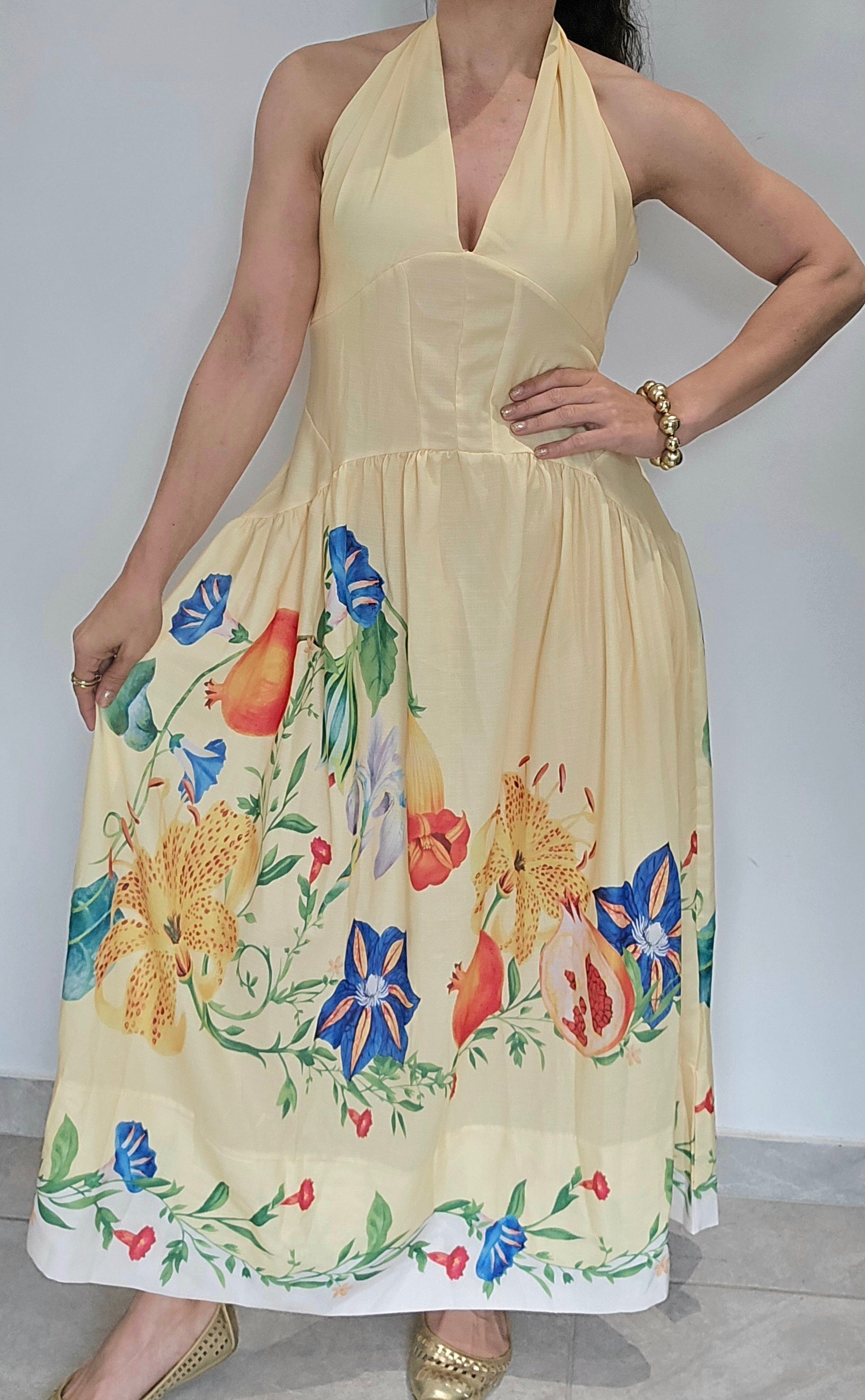 Yellow with Flowers Halter Dress