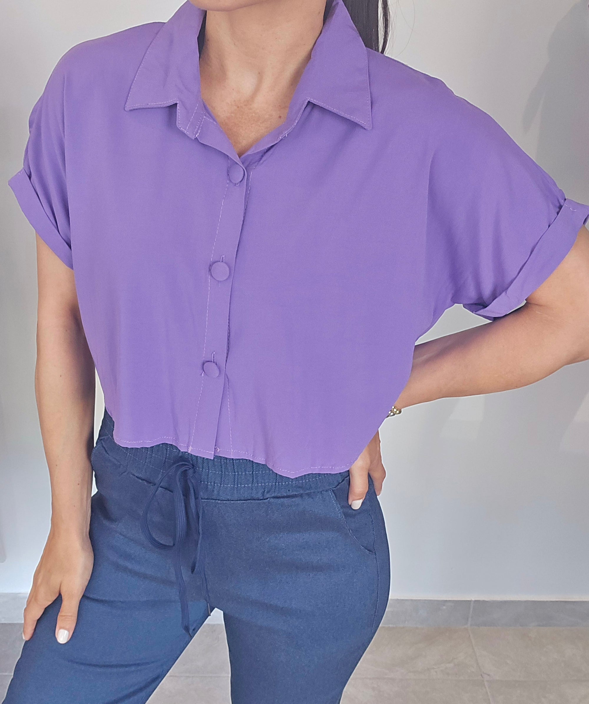 Short Sleeve Button Down Cropped Top (One Size)