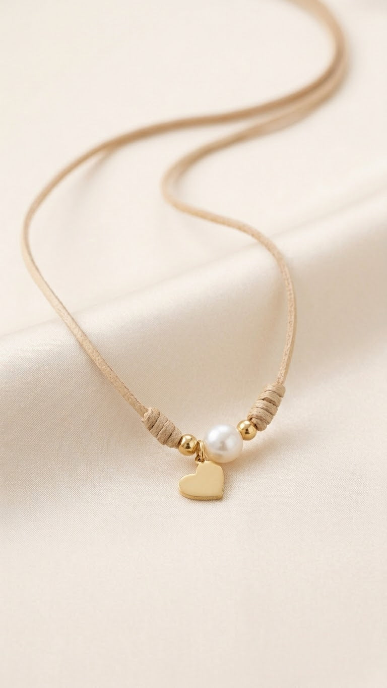 Medium Single Pearl and Heart Adjustable Necklace