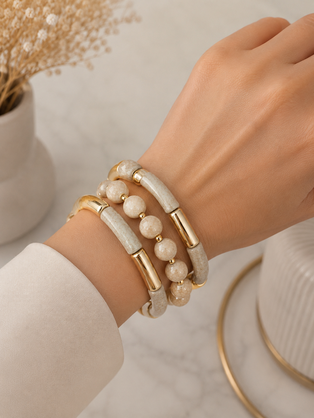 Set of 3 Acrylic Golden and Gray Style Bracelets